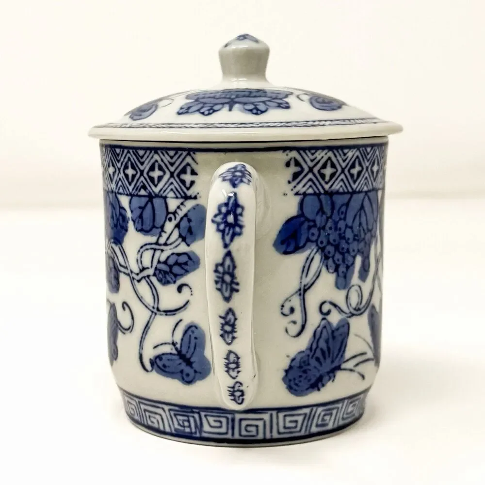 Blue White Chinese Porcelain Lidded Mugs Butterflies Grapevines Set of 4